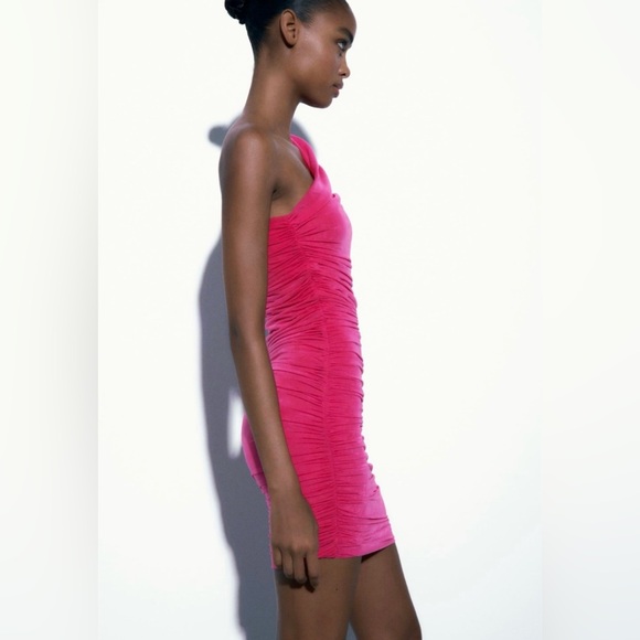 Asymmetrical One Shoulder Ruched Zara Pink Organza Mini Dress - Picture 2 of 8